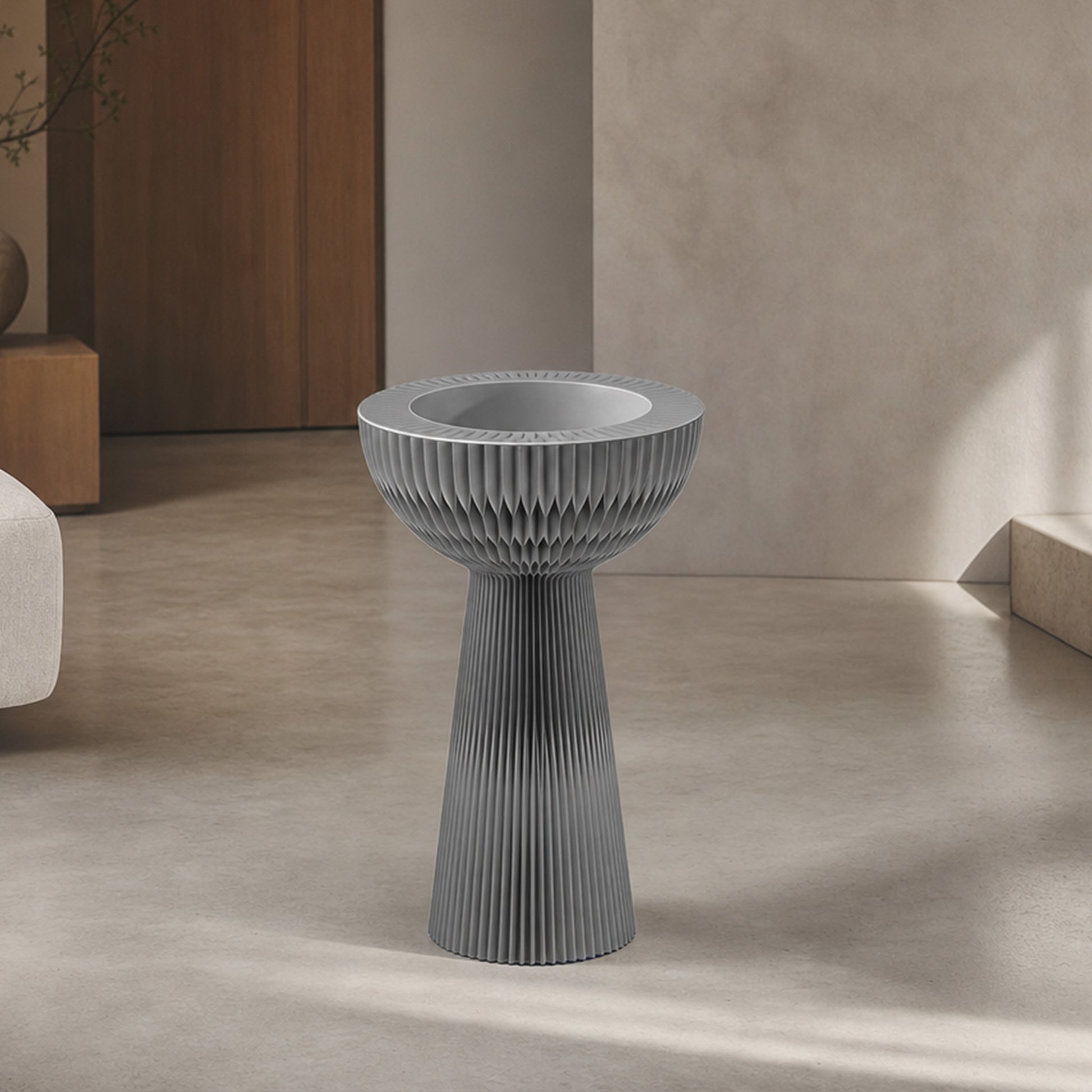 Light grey Bouquet Side Table B highlighting its sculptural honeycomb design in a minimalist interior.
