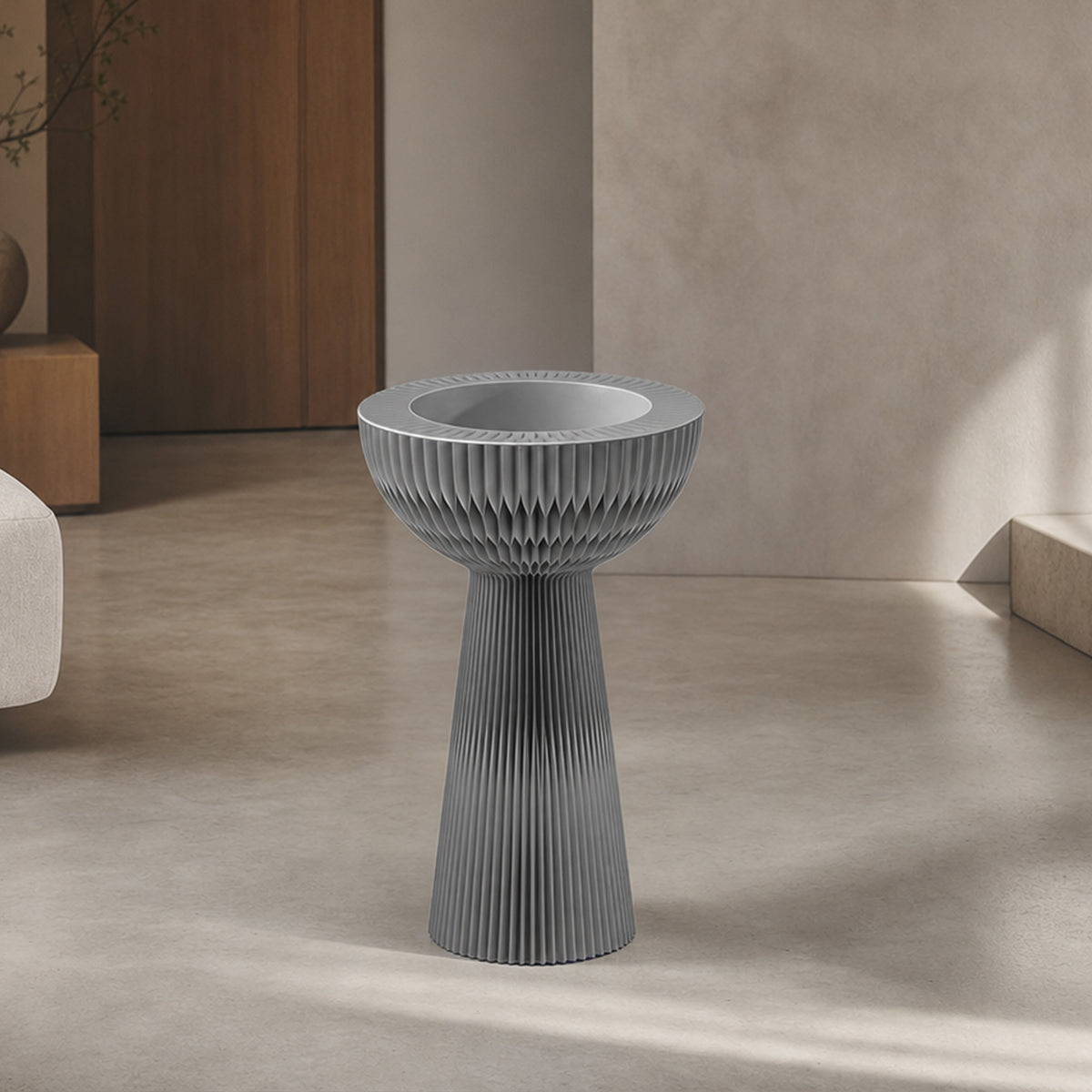 Light grey Bouquet Side Table B highlighting its sculptural honeycomb design in a minimalist interior.