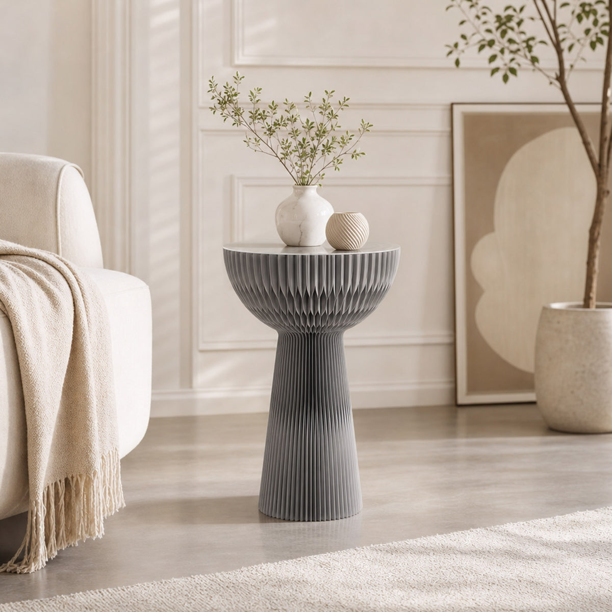 Light grey Bouquet Side Table B styled with a vase in a modern living room.
