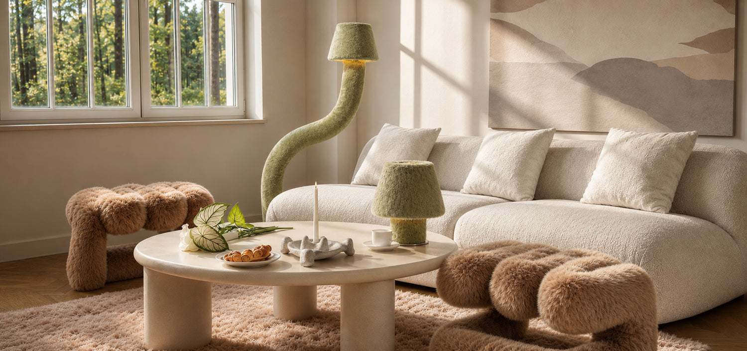 Bright designer living room with a curved white sofa, sculptural green lamps, furry accent chairs and an oval coffee table.