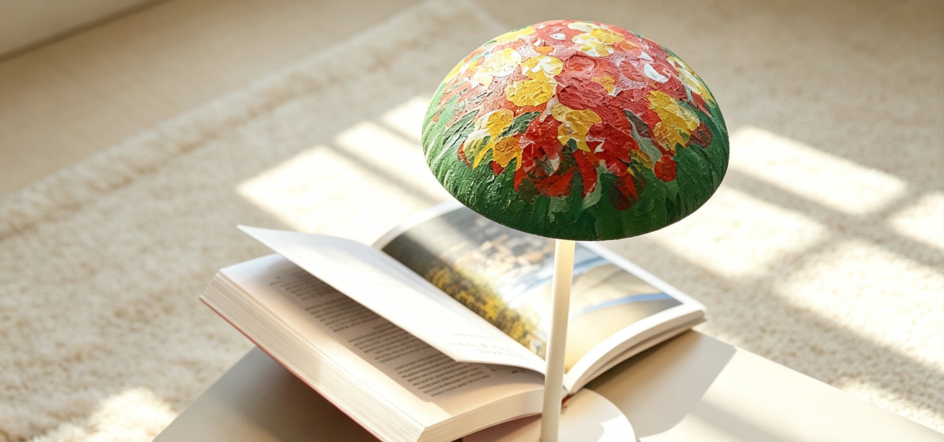 DINGJI LIFE painted desk lamp with a colorful floral shade styled on an open book in warm natural light.