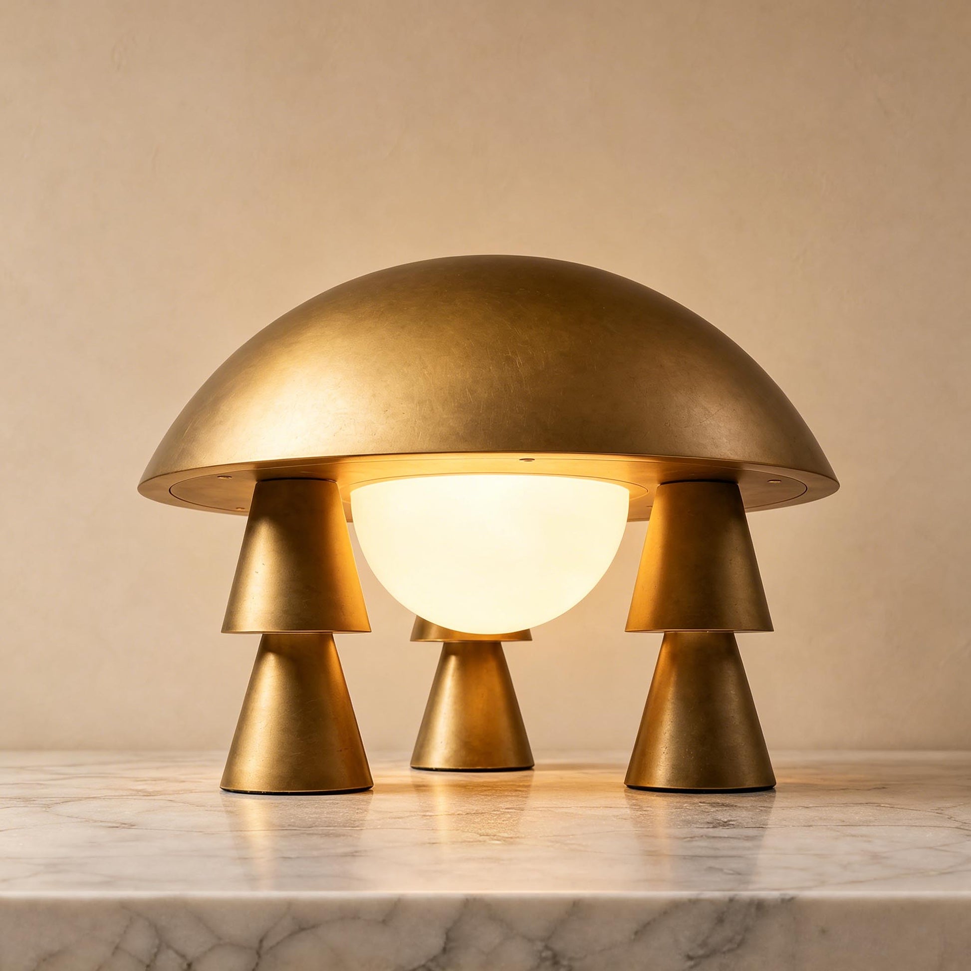 Gold space-age table lamp with frosted glass diffuser casting a warm ambient glow on a marble surface.