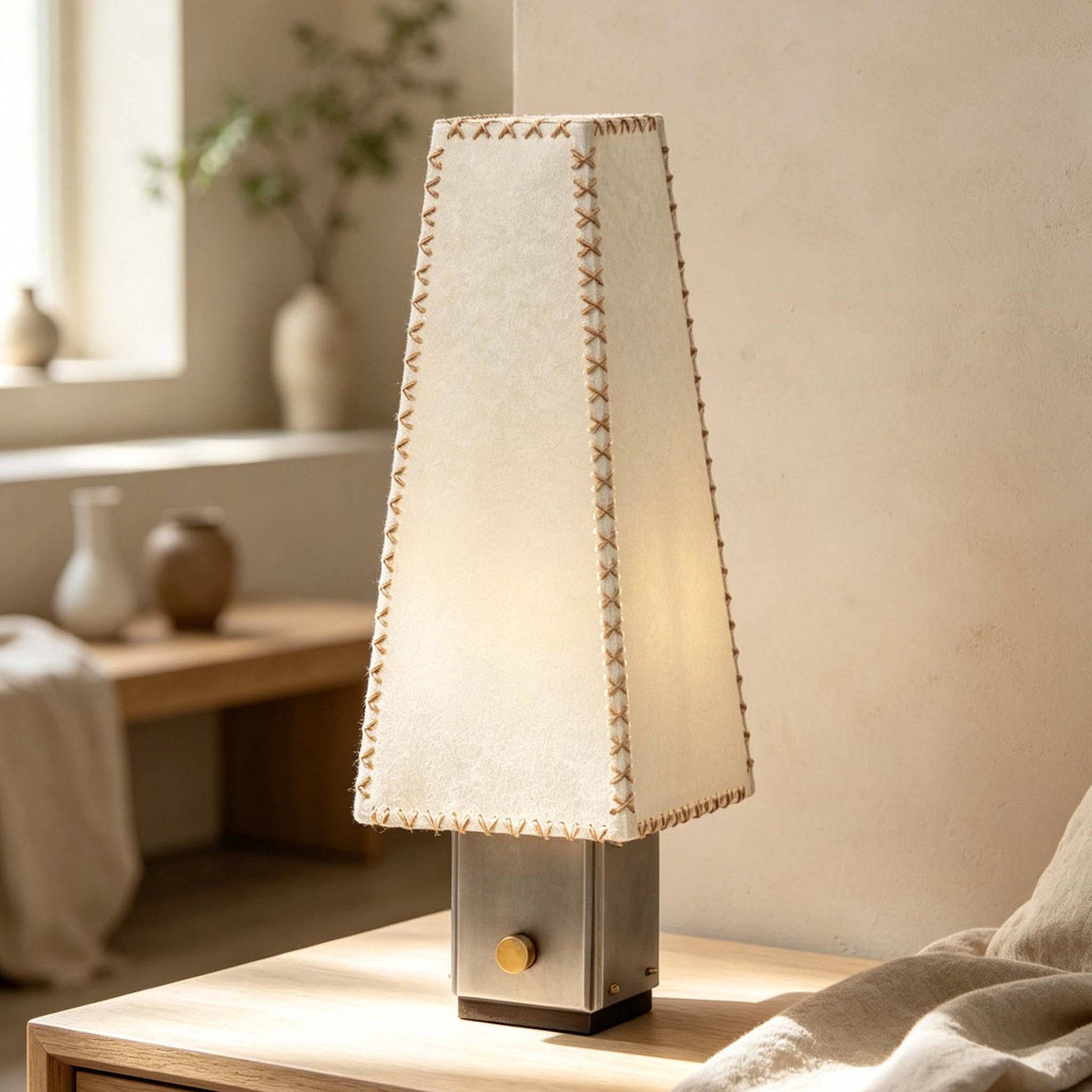 Handmade Parchment Letter Lamp with a warm parchment shade and leather stitching on a bedside wooden table.