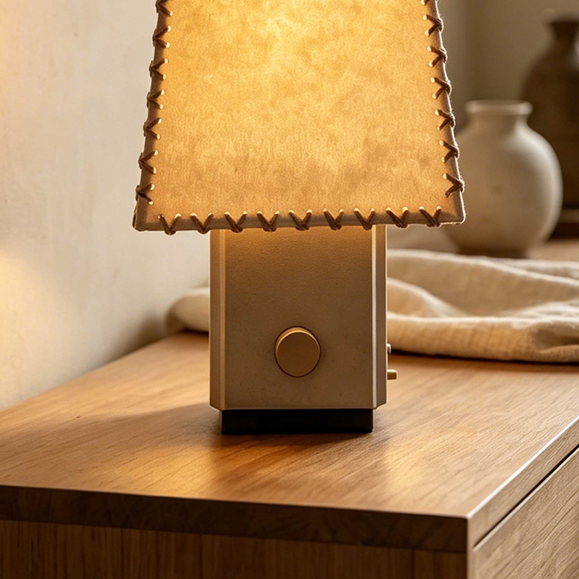 Close-up of the Handmade Parchment Letter Lamp showing the metal base, brass knob, warm glow, and stitched shade edge.
