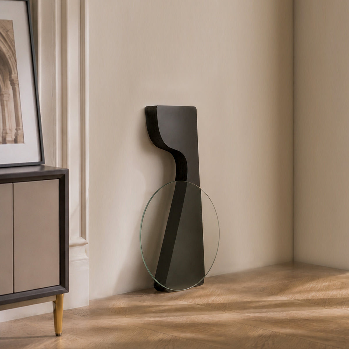 Black Little Black Dress Side Table folded flat with removable round glass tabletop for compact storage