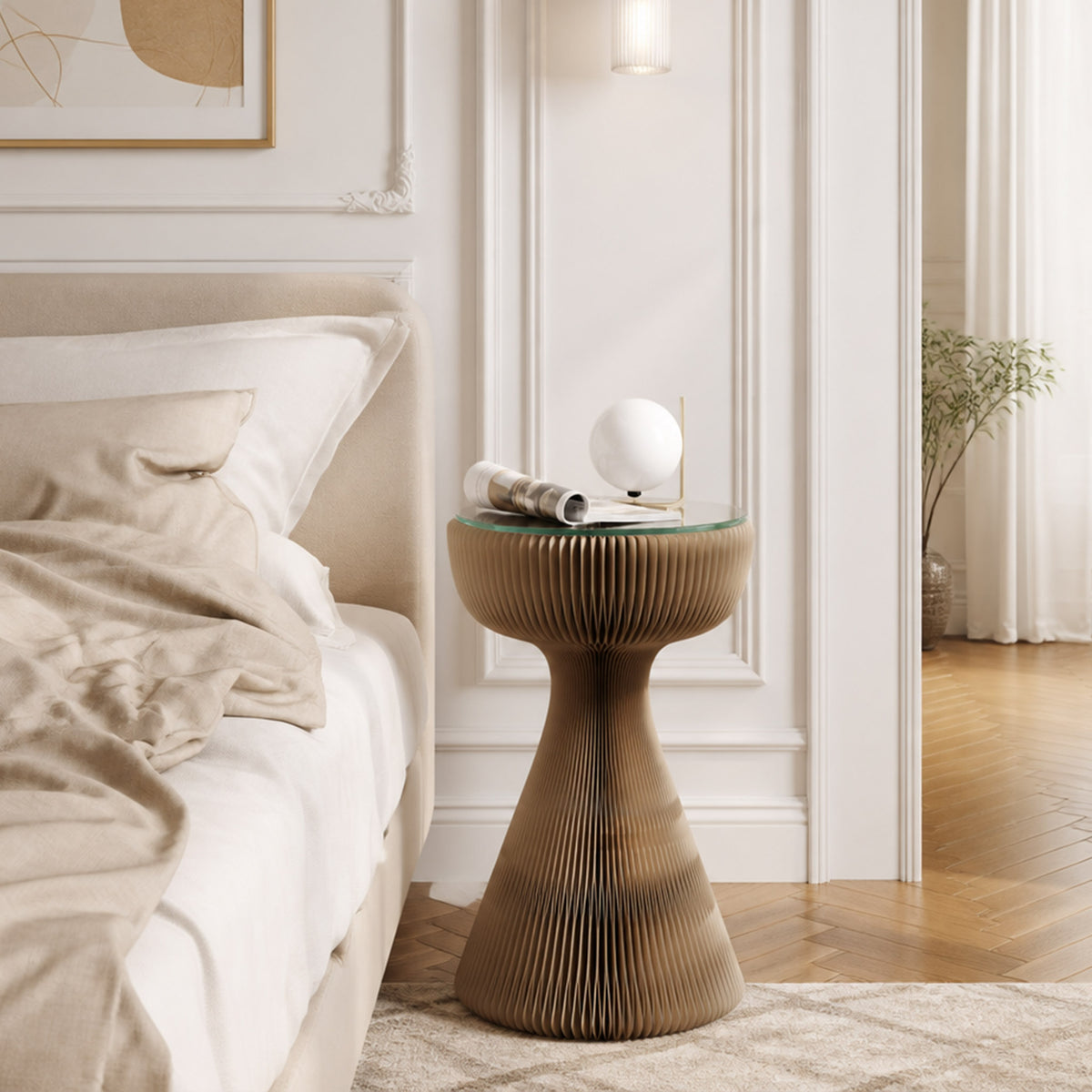 Brown Little Black Dress Side Table with glass top styled beside a cream bed with a small globe lamp