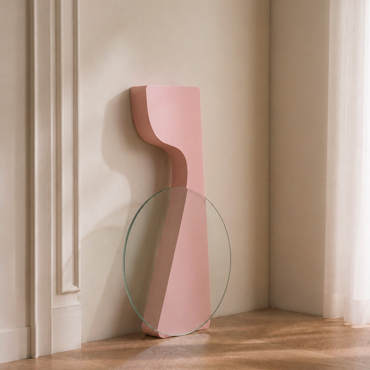 Pink Little Black Dress Side Table folded into a slim profile with removable round glass tabletop for easy storage