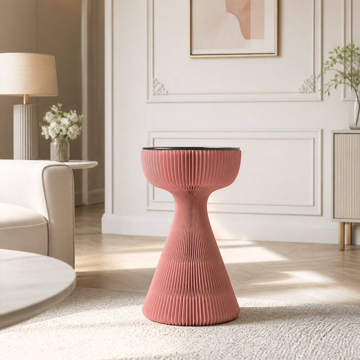 Front view of the pink Little Black Dress Side Table highlighting its elegant waist-cinching sculptural silhouette