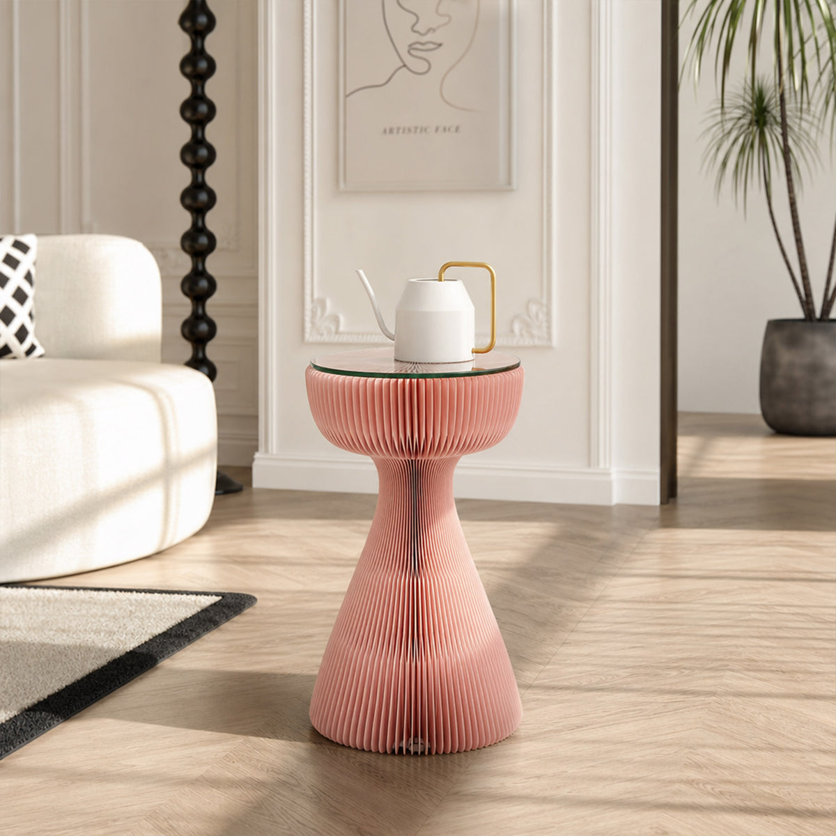Pink Little Black Dress Side Table with tempered glass top and white teapot in a contemporary living room