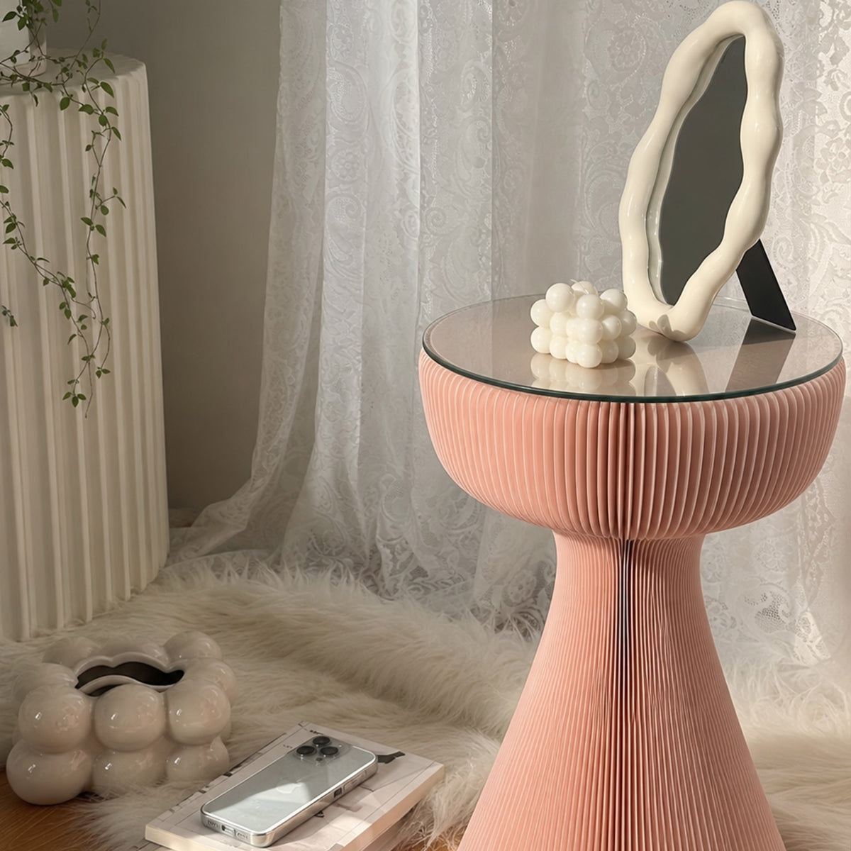 Pink Little Black Dress Side Table with glass top styled with a tabletop mirror in a soft dressing area