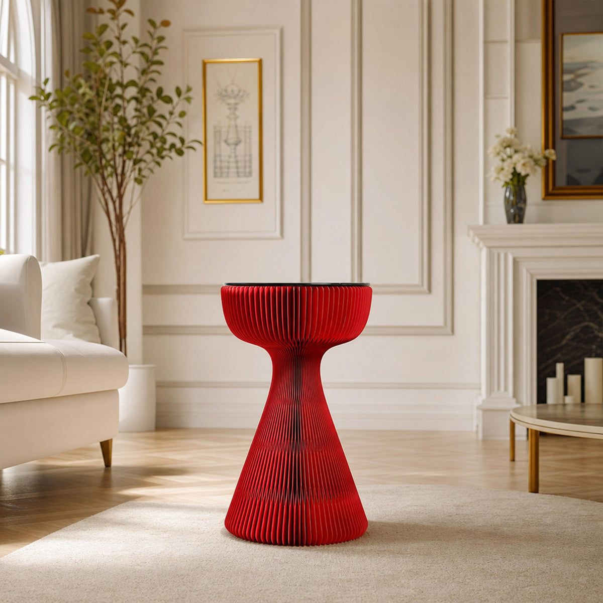 Red Little Black Dress Side Table with glass top displayed in an elegant cream living room
