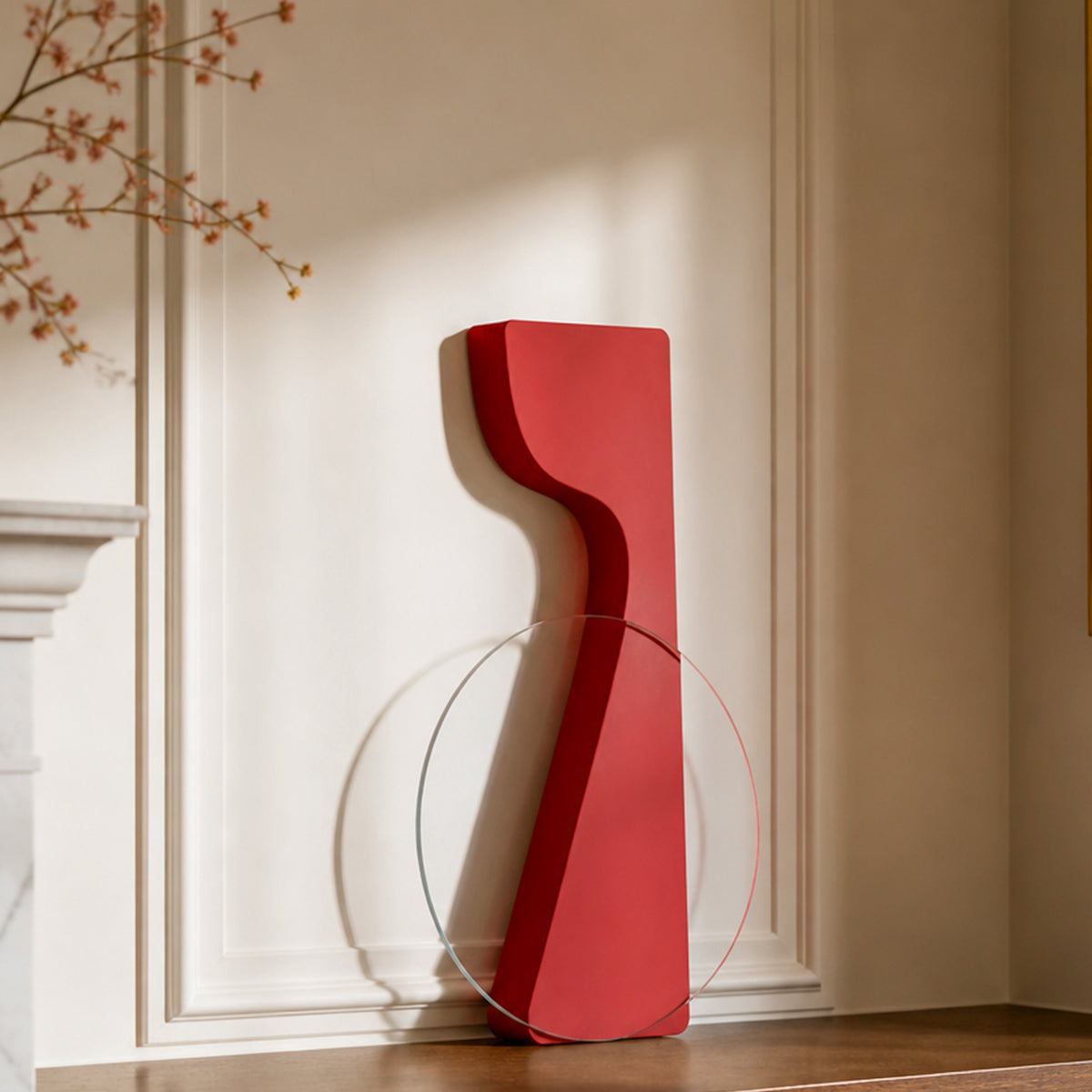 Red Little Black Dress Side Table folded flat with removable round glass tabletop for easy compact storage
