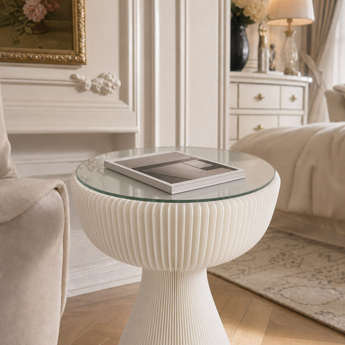 White Little Black Dress Side Table with glass tabletop beside upholstered seating in an elegant neutral living room