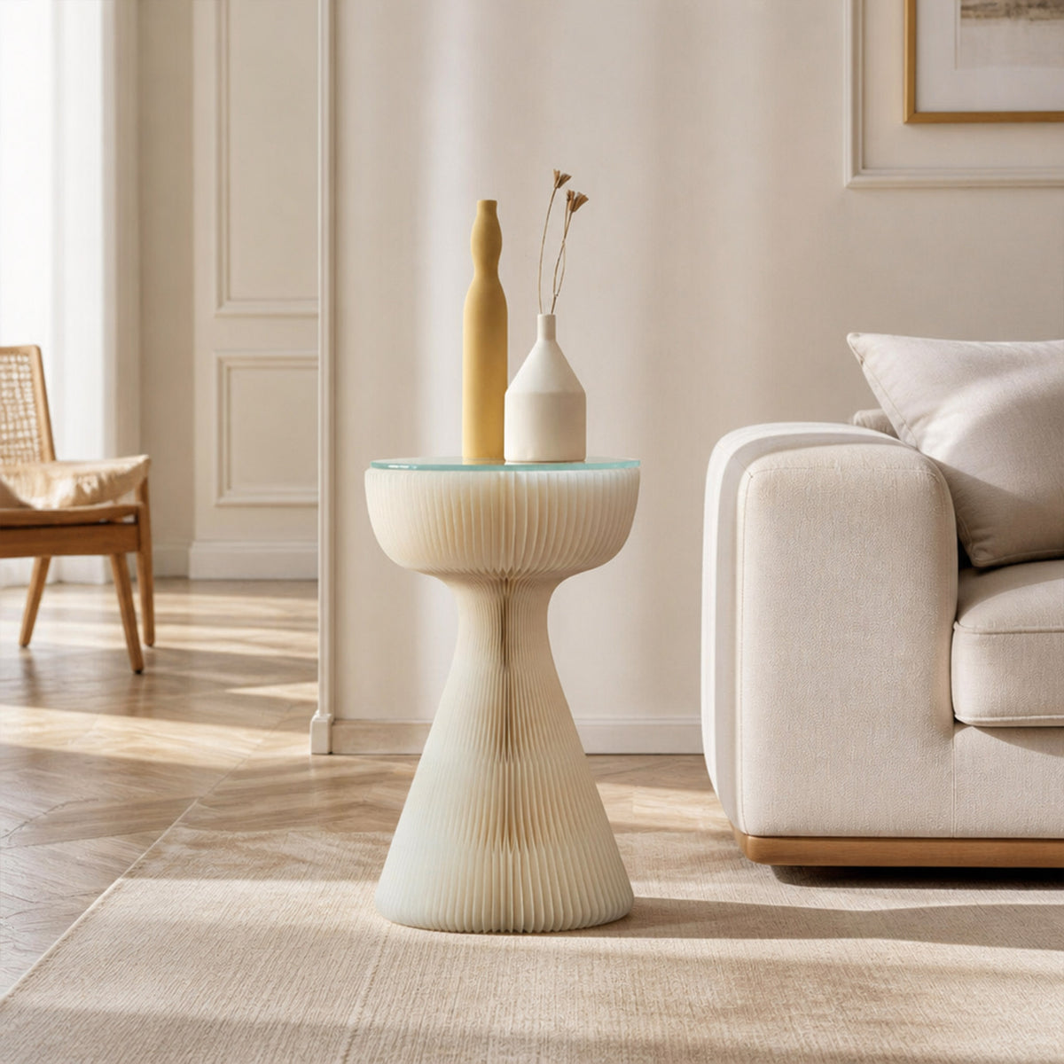 White Little Black Dress Side Table with tempered glass top styled with decorative vases in a modern living room