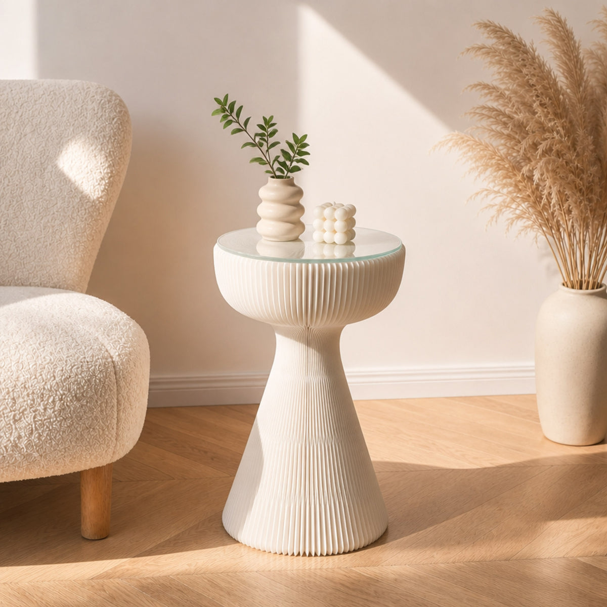 White Little Black Dress Side Table with sculptural honeycomb form in a warm sunlit lounge interior