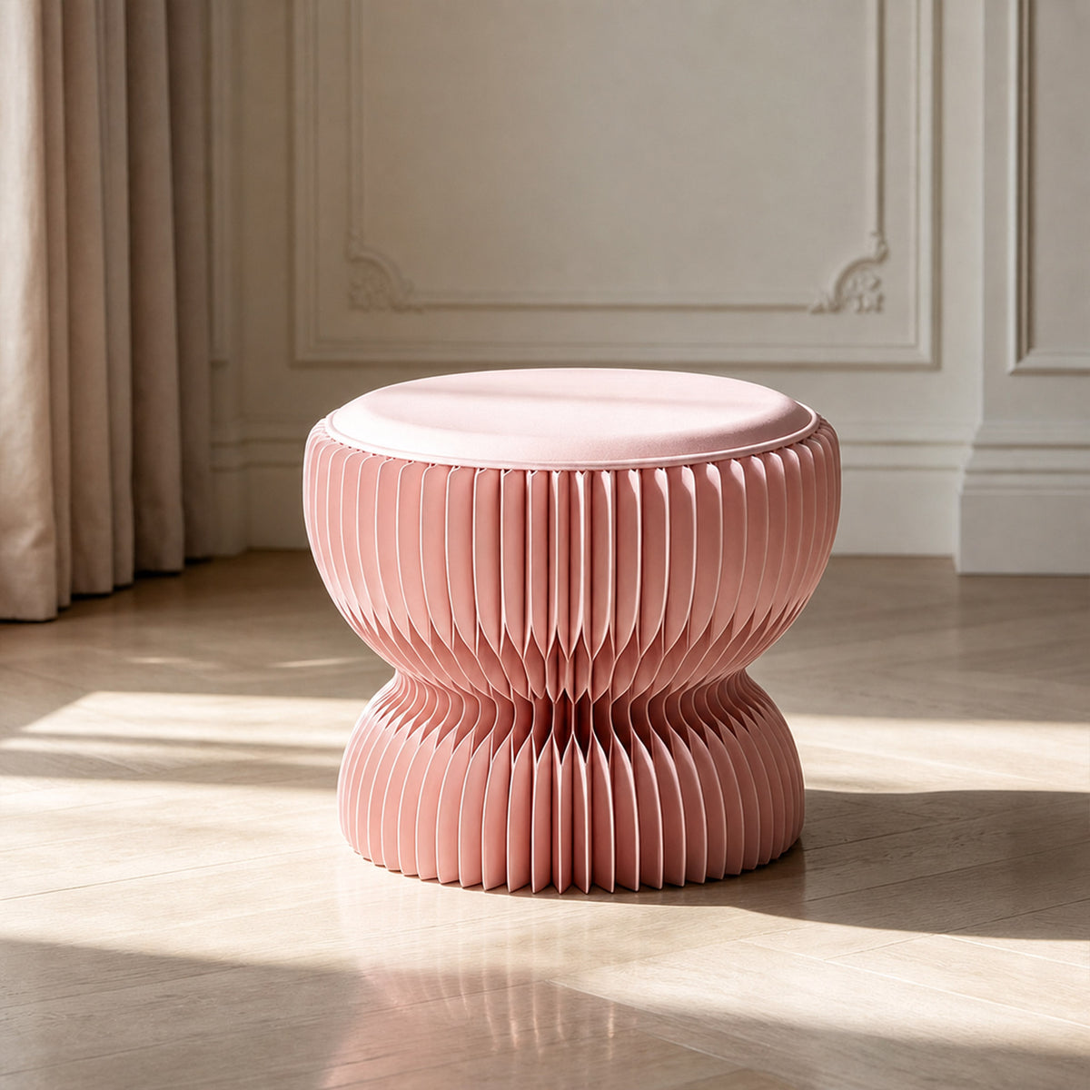 Front view of the pink LOTUS Stool A, a compact foldable stool with honeycomb paper structure and PU leather cushion