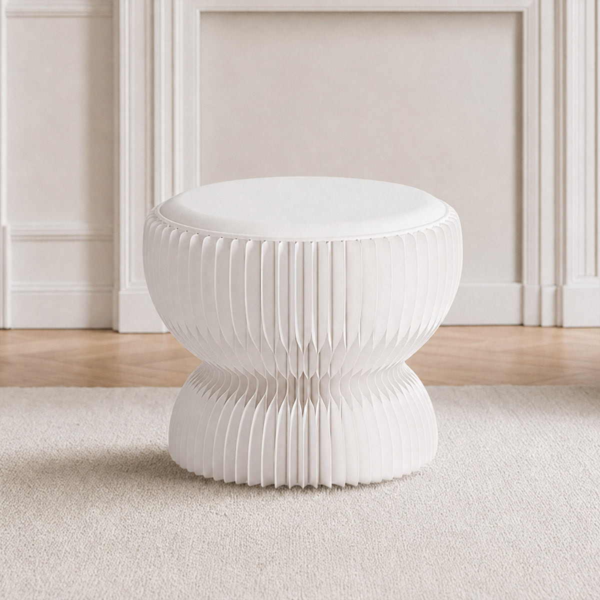 Front view of the white LOTUS Stool A, a compact foldable honeycomb paper stool with removable PU leather seat cushion