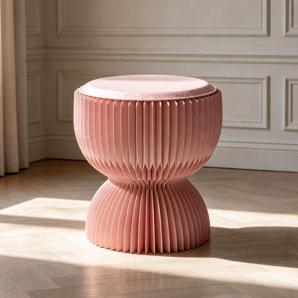 Pink LOTUS Stool B with foldable honeycomb paper body and removable PU leather cushion in a sunlit modern room
