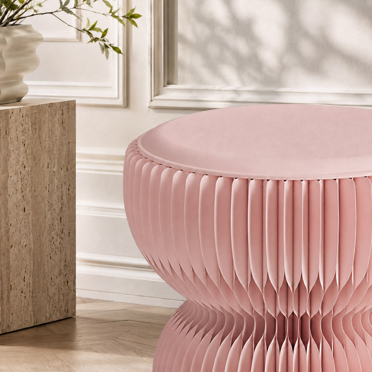 Detail view of the pink LOTUS Stool B with removable PU leather cushion and sculptural honeycomb paper structure