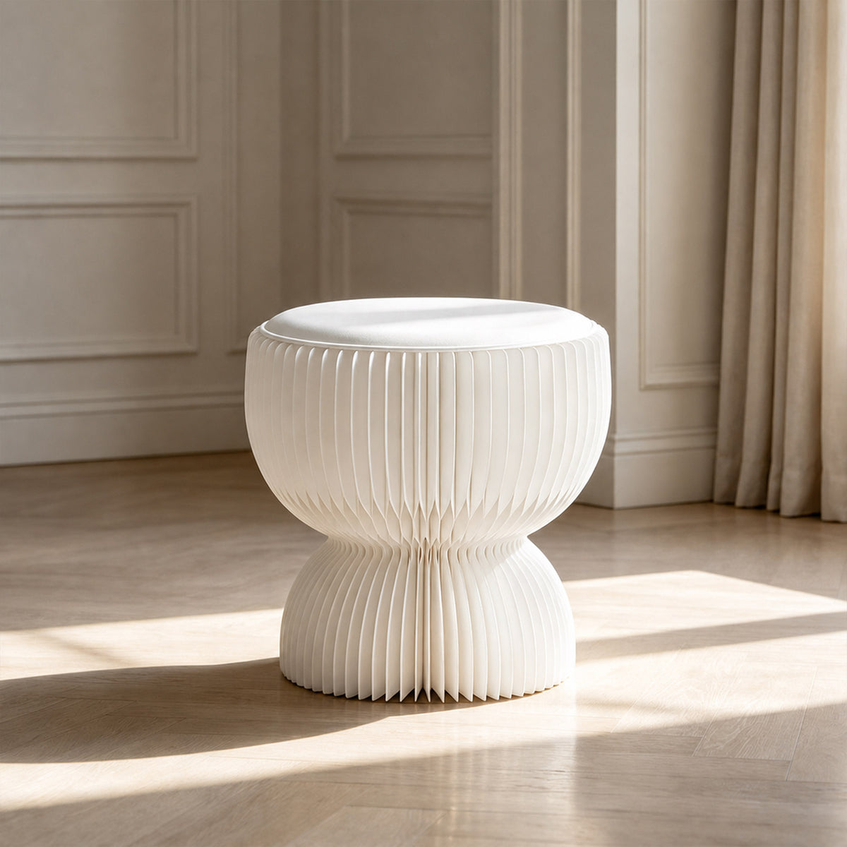 White LOTUS Stool B with foldable honeycomb paper body and removable PU leather cushion in a modern interior