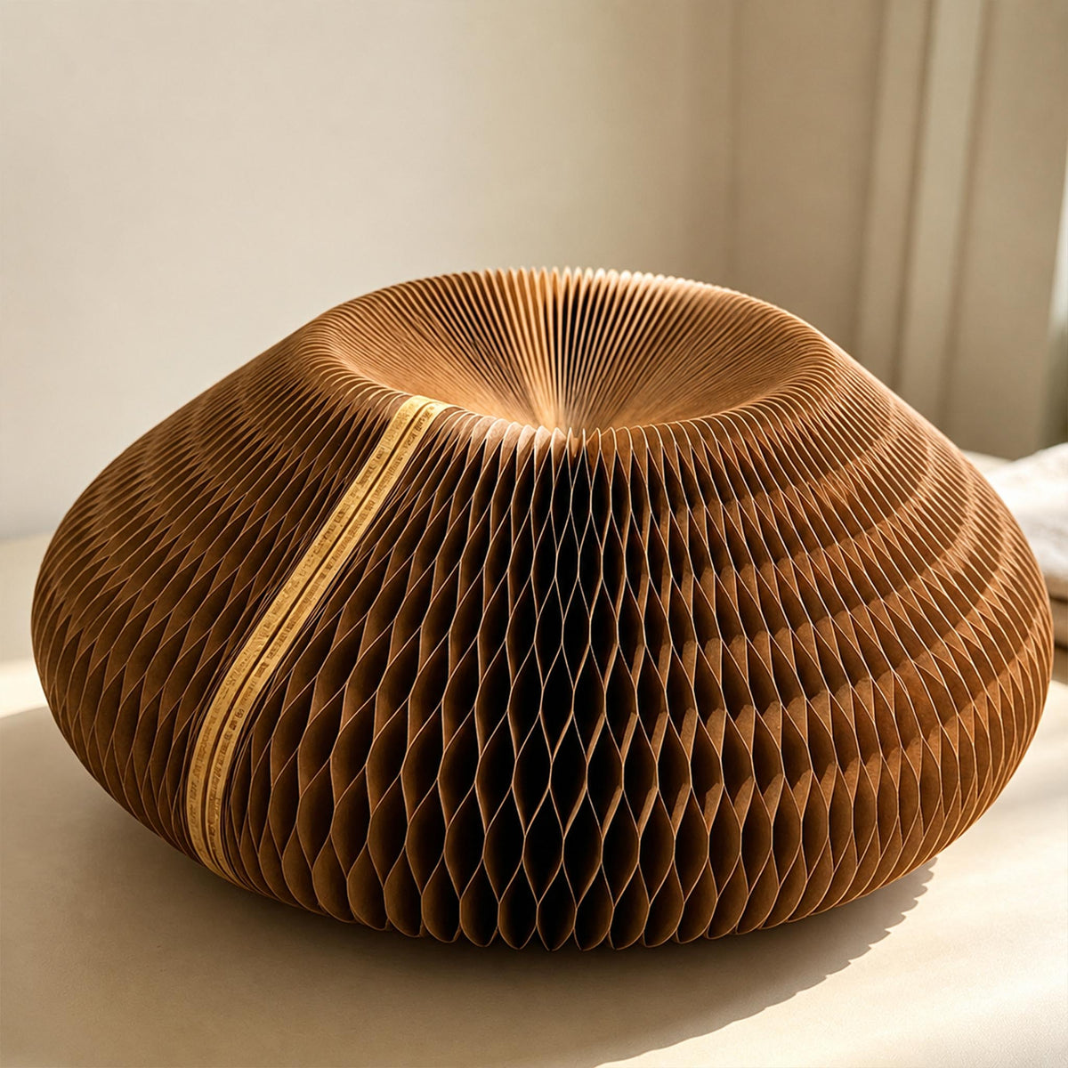 Brown foldable Meditation Cushion without the top cushion, showing the rounded honeycomb paper construction