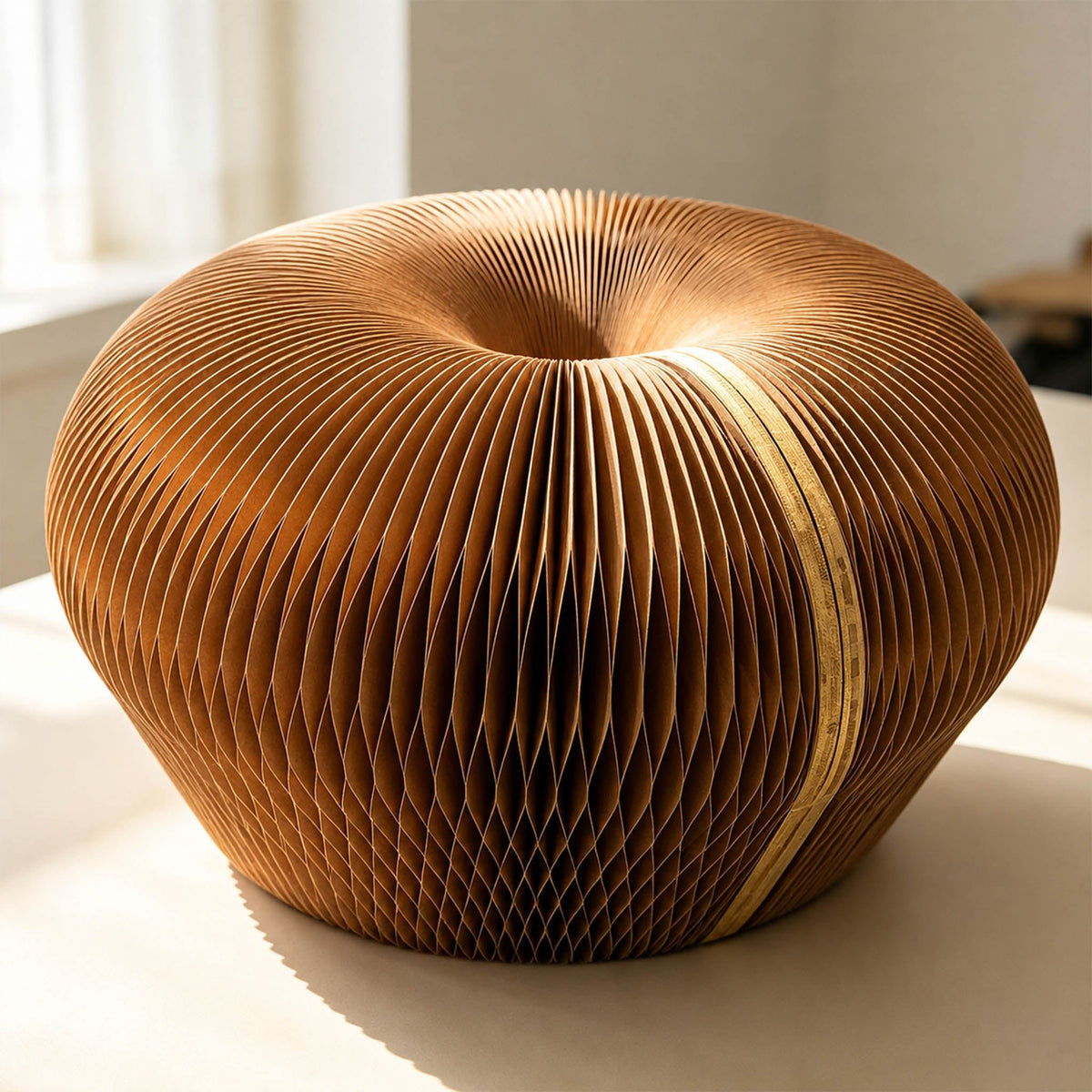 Detailed view of the brown Meditation Cushion showing the sculptural honeycomb paper texture in natural light