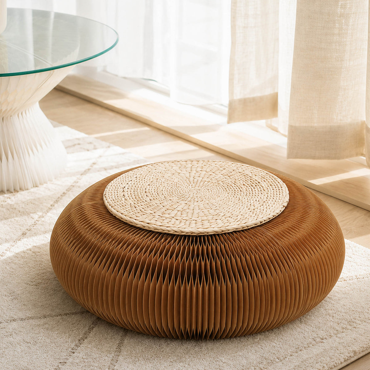 Brown Meditation Cushion with honeycomb paper structure and rush grass cushion styled beside a sunlit window