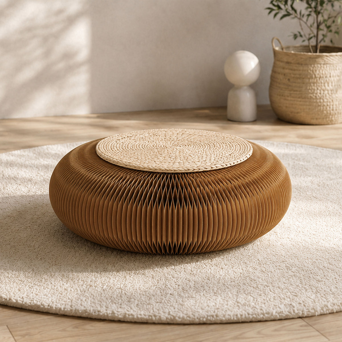 Round brown Meditation Cushion with a rush grass cushion on a neutral rug in a calm indoor living space