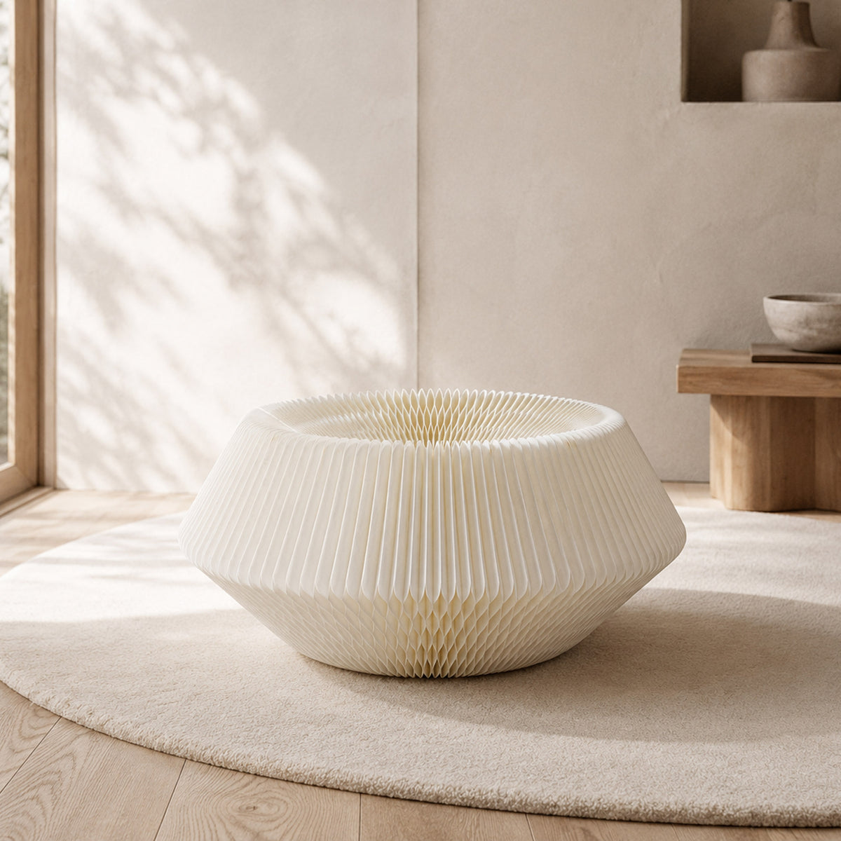 White Meditation Cushion shown without its top cushion, revealing the expandable honeycomb paper structure