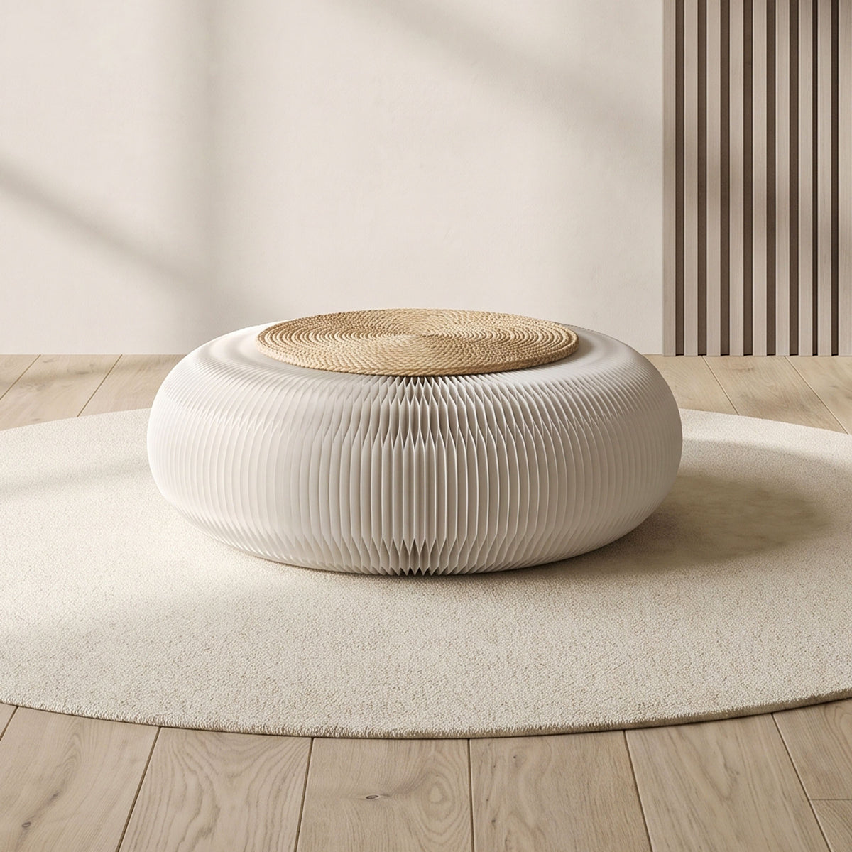 White round Meditation Cushion with rush grass cushion displayed on a neutral rug in a minimalist interior