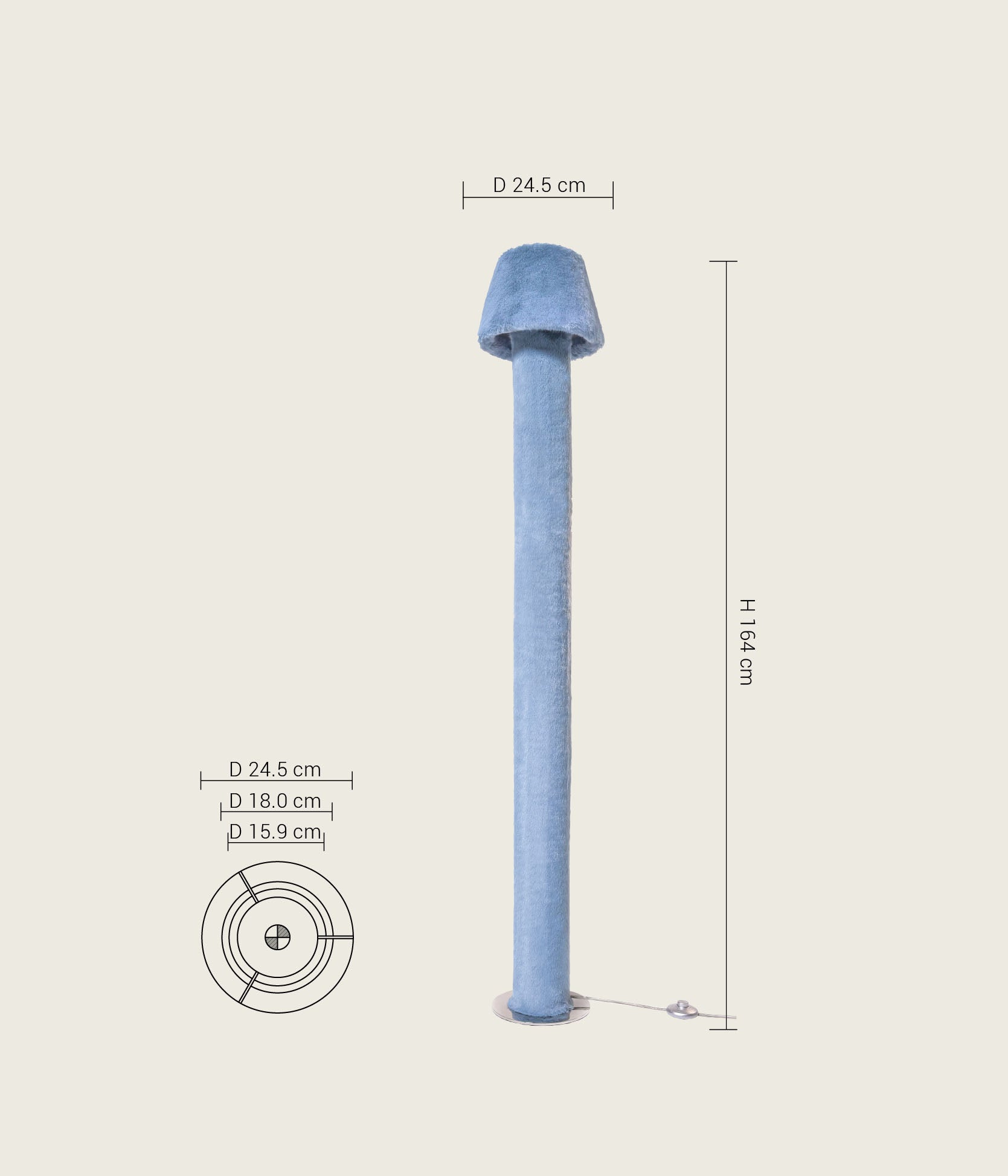 Size guide, weight, and form details for the flexible faux fur standing lamp, perfect for planning modern minimalist interior spaces.