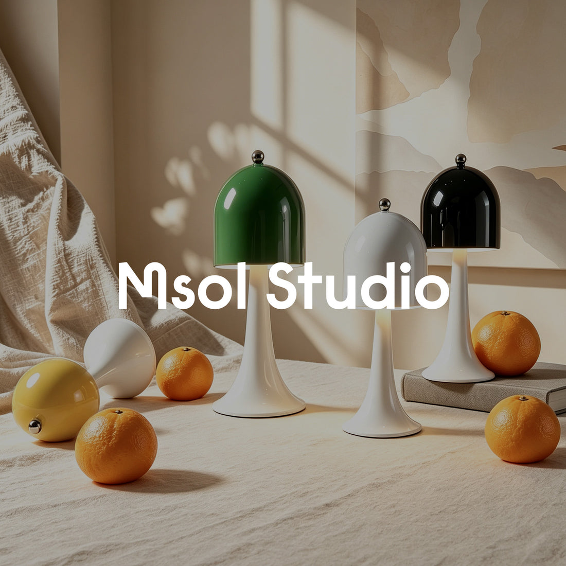 Msol Studio brand banner featuring modern mushroom table lamps in green, white and black with warm oranges and soft light.