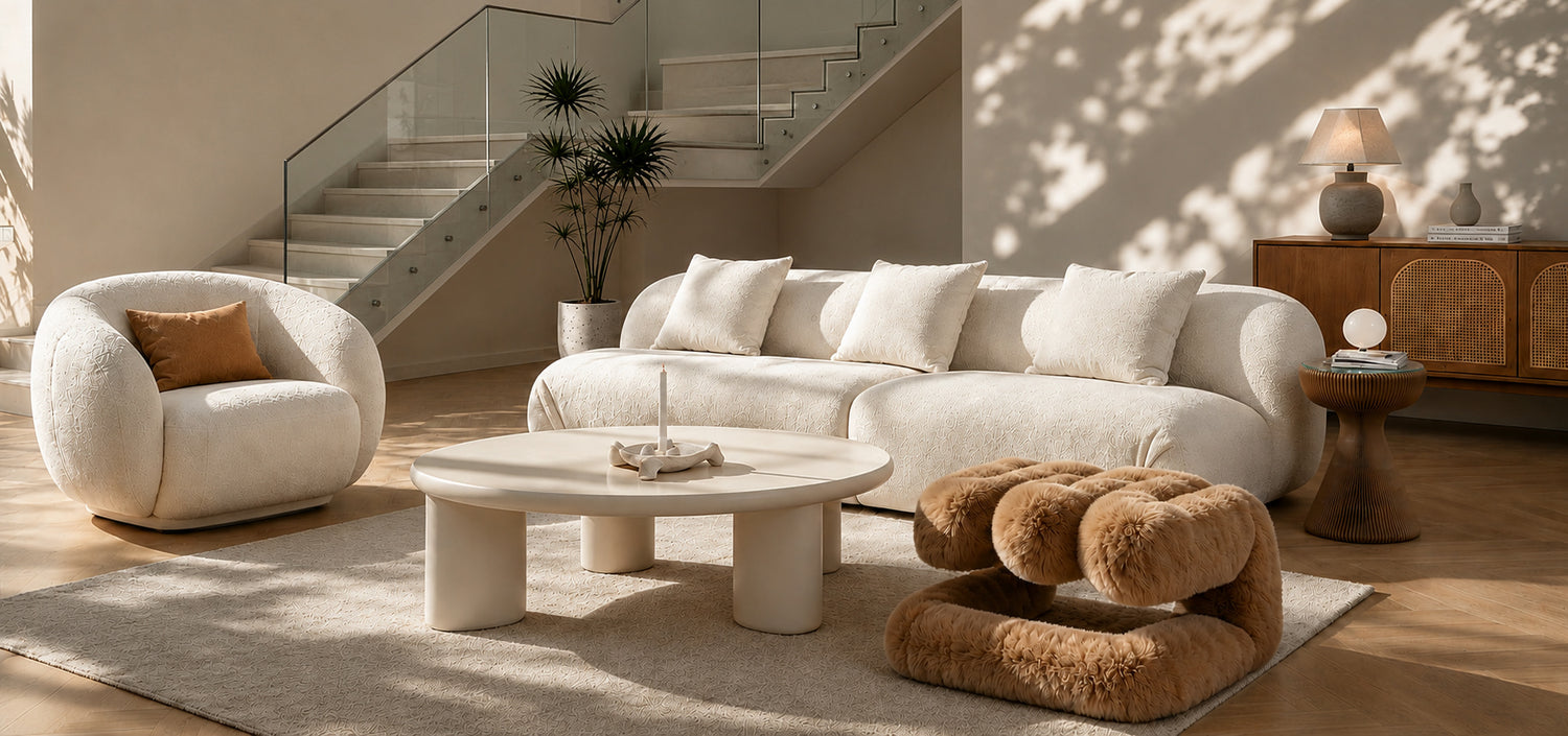 New designer living room furniture scene with a curved white sofa, round coffee table, furry accent chair and warm modern lighting.