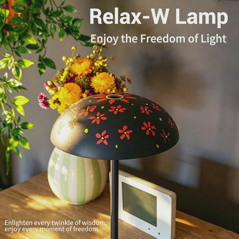 artamore Relax-W DIY micro-cement desk lamp being hand-painted and shown as a cordless, dimmable table lamp.