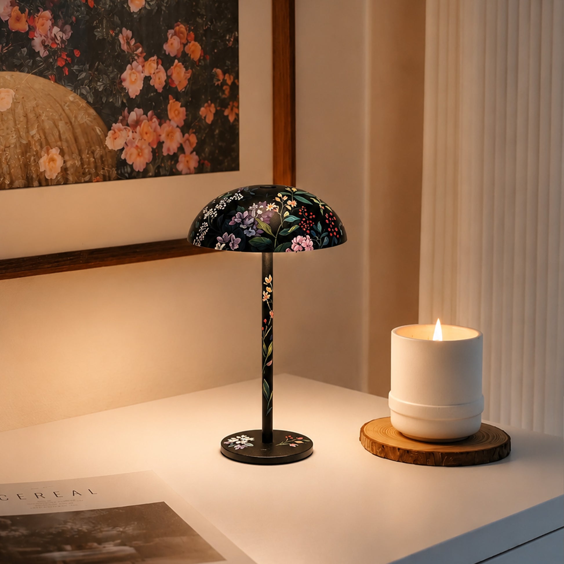 Watermelon-inspired hand-painted Relax-W table lamp with warm light on a round dining table.