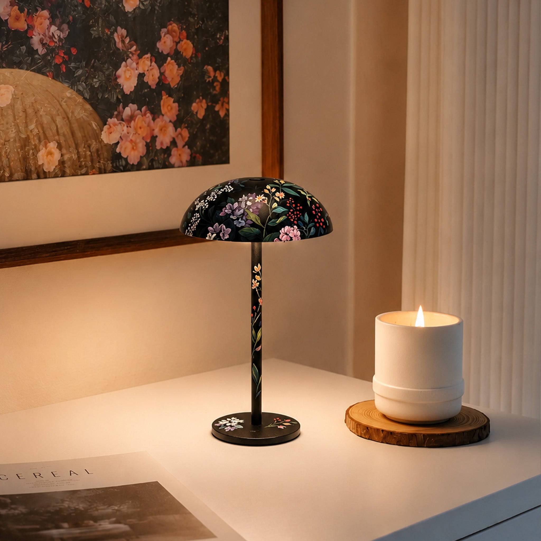 Watermelon-inspired hand-painted Relax-W table lamp with warm light on a round dining table.