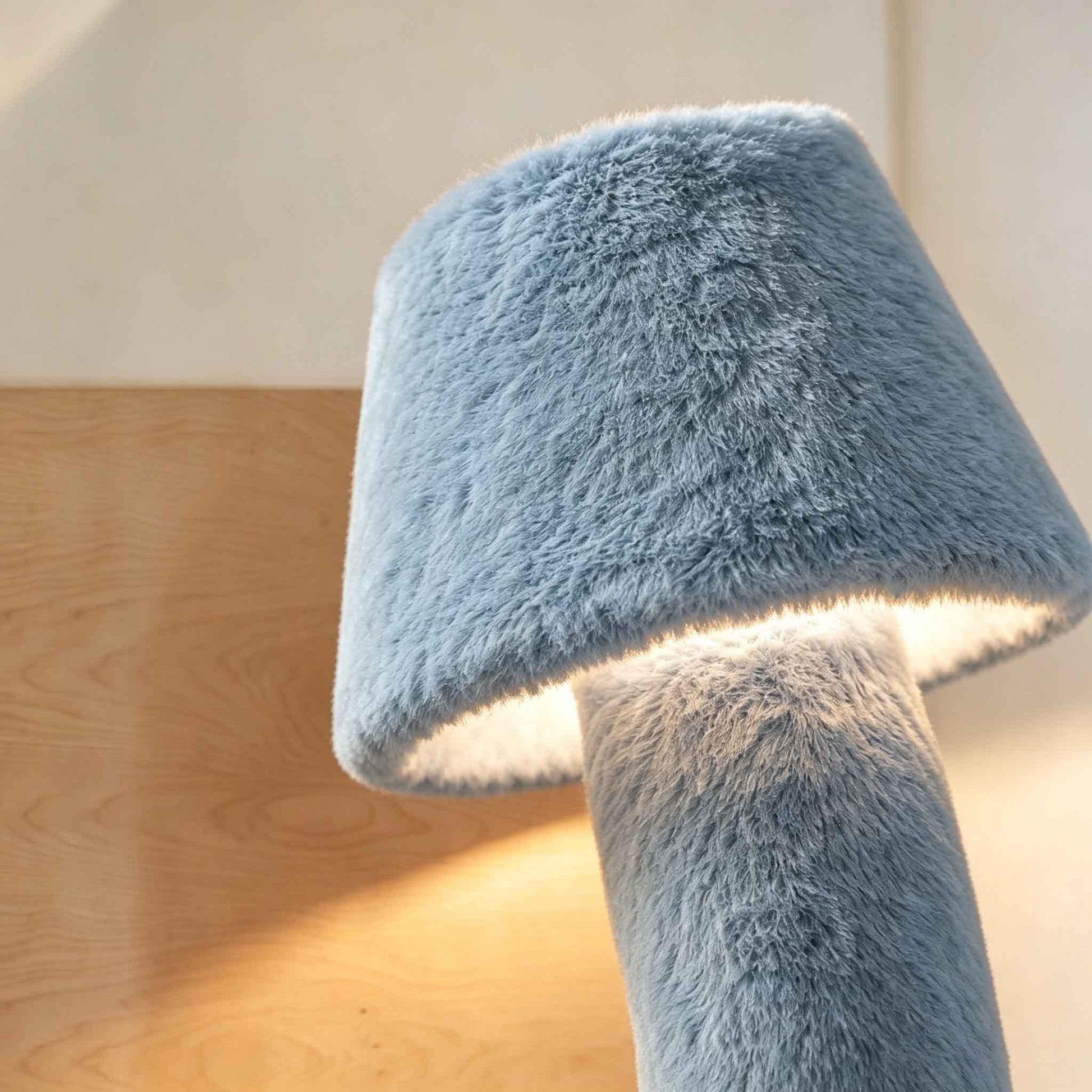 Sculptural blue plush floor lamp detail with a curved stem and soft ambient glow in a warm interior setting.