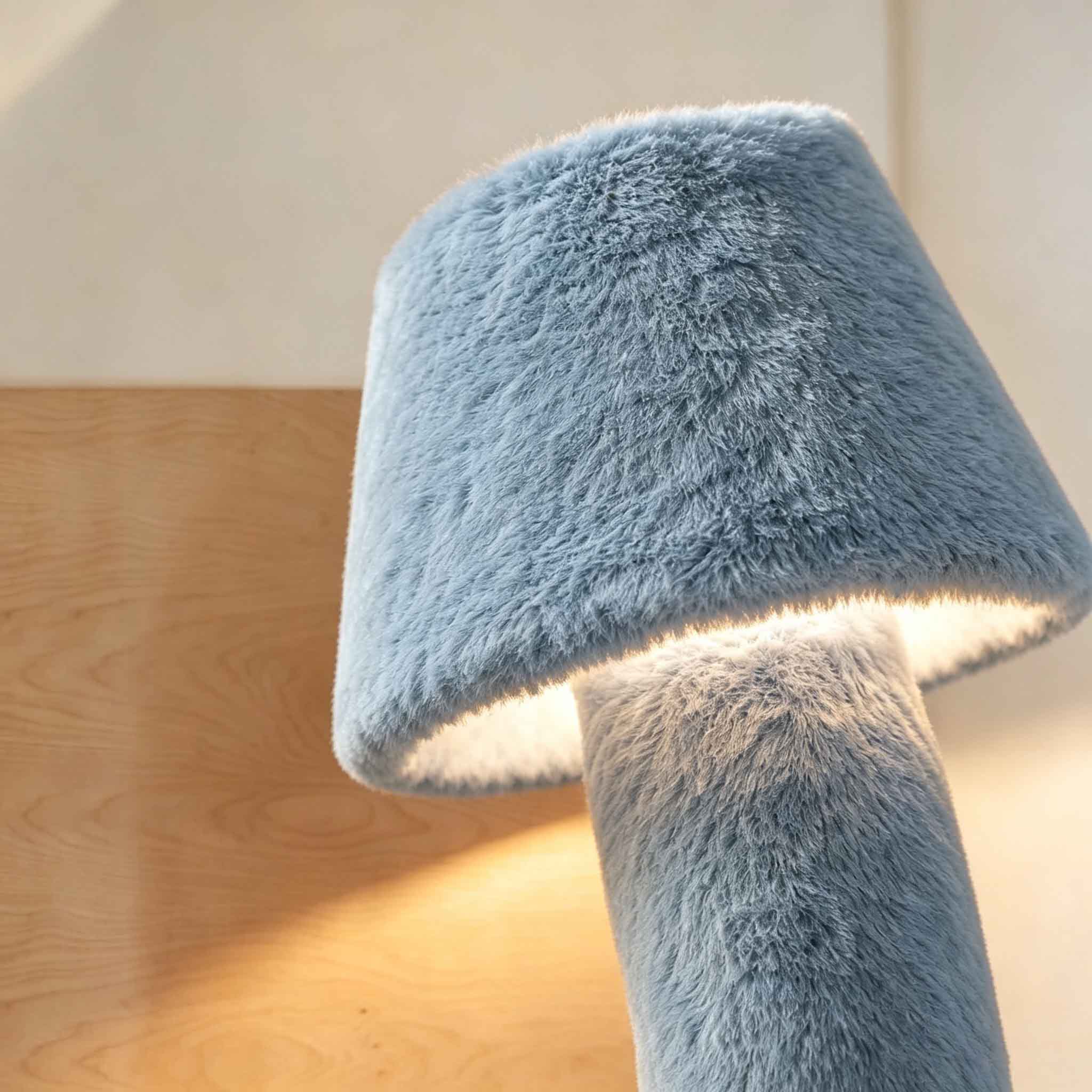 Sculptural blue plush floor lamp detail with a curved stem and soft ambient glow in a warm interior setting.