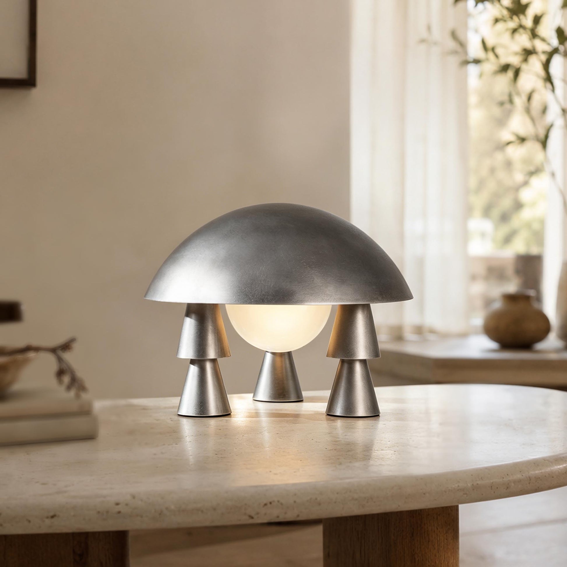 Silver Metal Creative Table Lamp with a sculptural dome shade and soft frosted glass glow on a marble table.