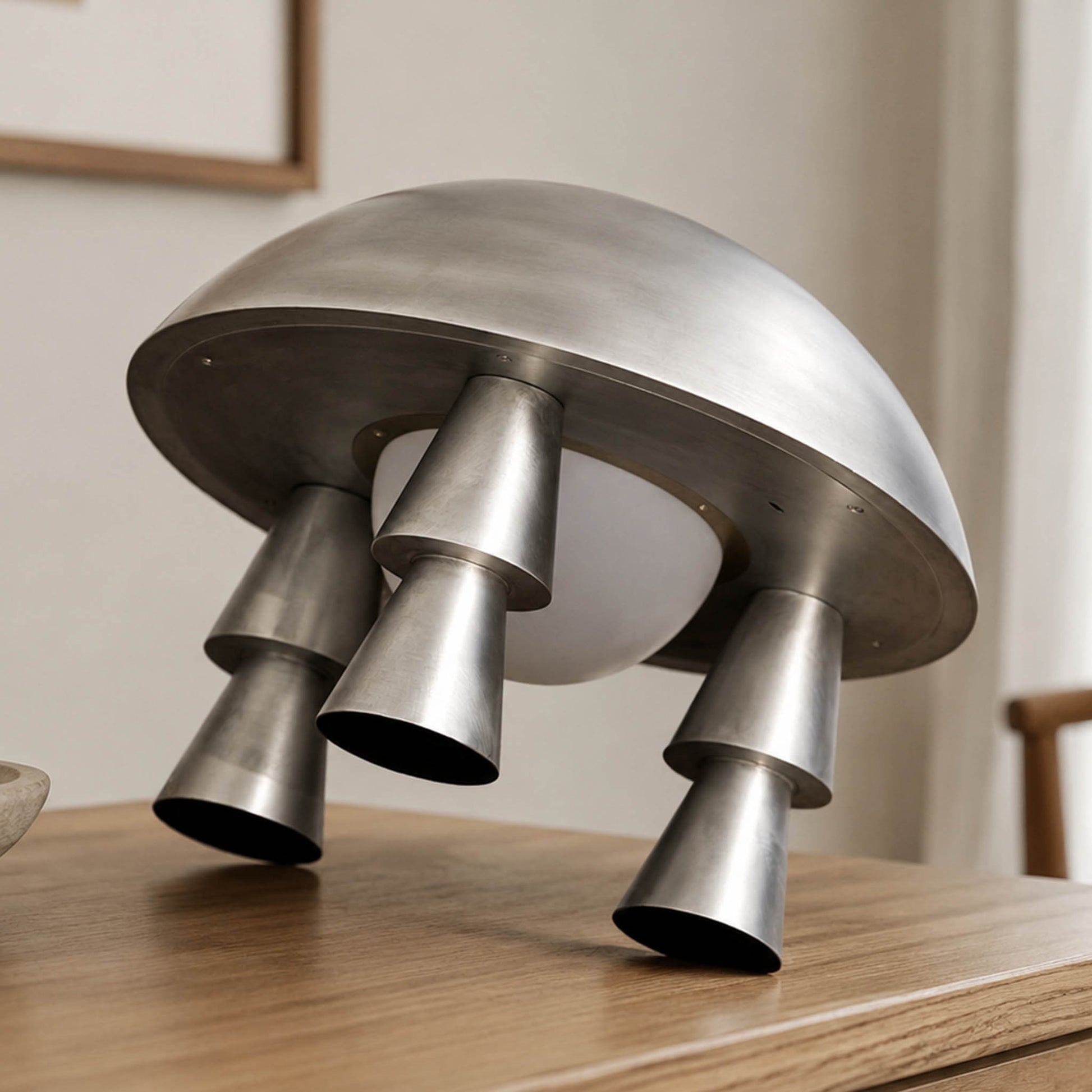 Silver metal table lamp tilted to show the underside structure, frosted glass diffuser, and conical legs.