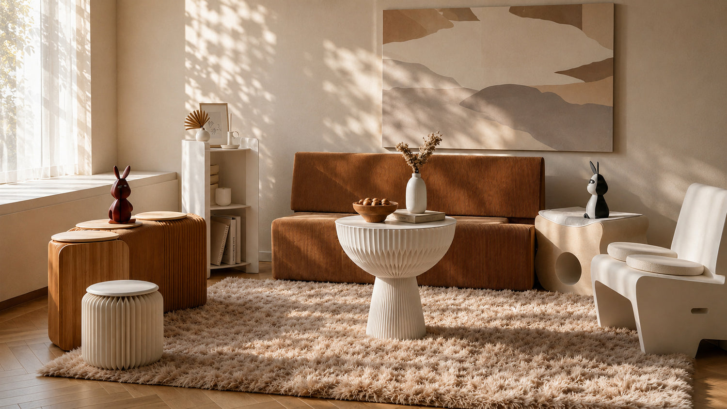 Spaze Paper brand banner featuring sculptural paper-inspired furniture, fluted tables, playful decorative objects and warm sunlight in a modern interior.