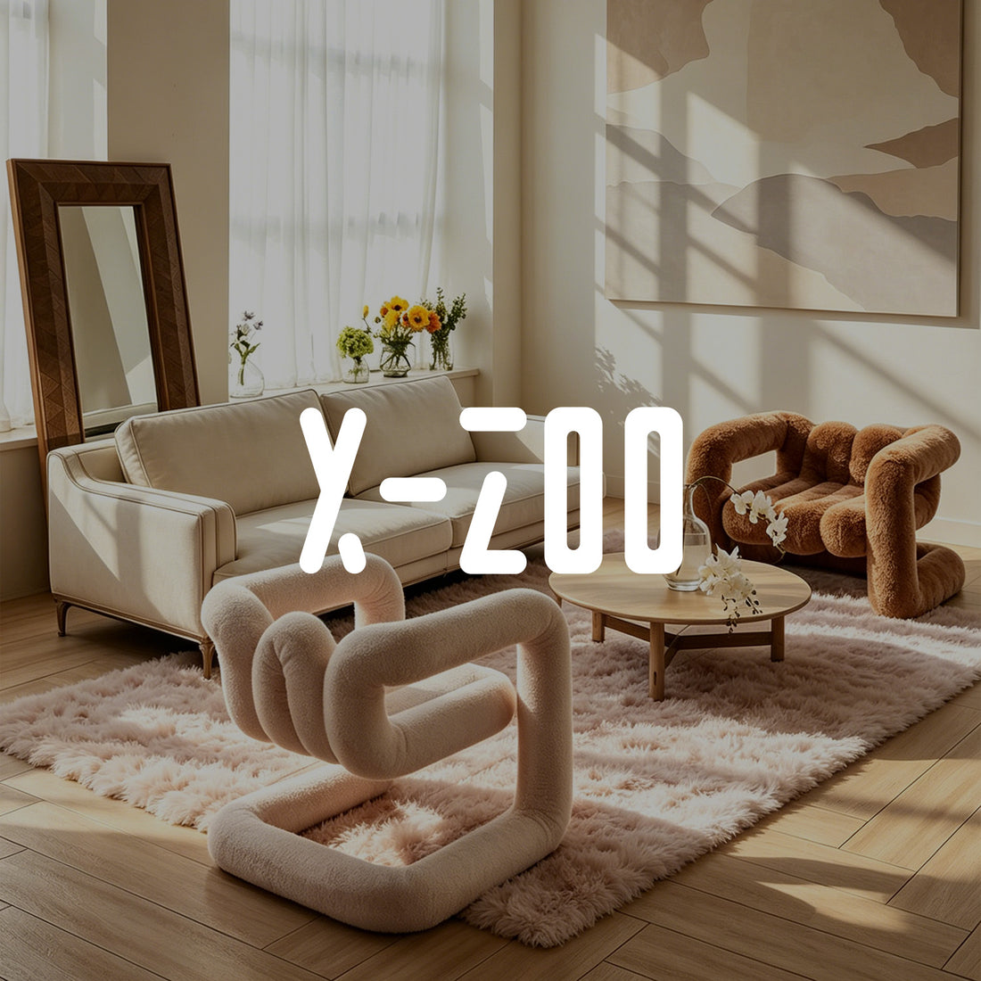 X-ZOO brand banner featuring playful designer furniture, plush sculptural chairs and a warm modern living room scene.